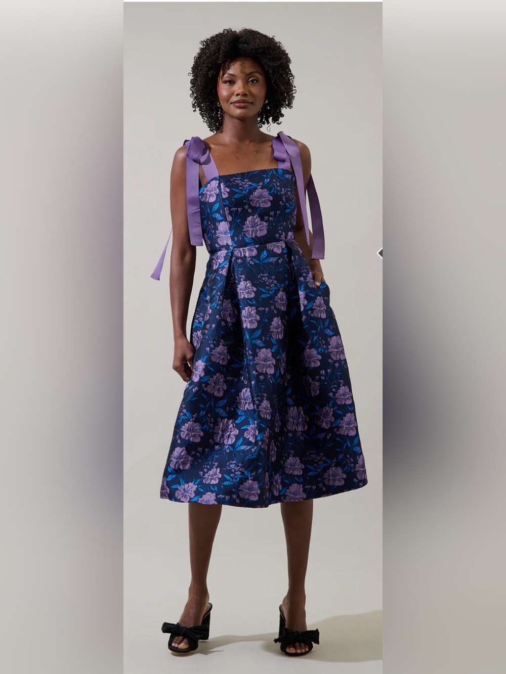 NWT Sugarlips Floral Jacquard Tie-Shoulder Pleated Midi Dress - Picture 3 of 15